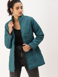 DressBerry Women Teal Blue Solid Windcheater Padded Jacket