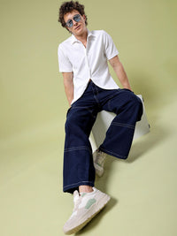 The Indian Garage Co Men Wide Leg Contrast Stitch Mid-Rise Cotton Cargo Jeans