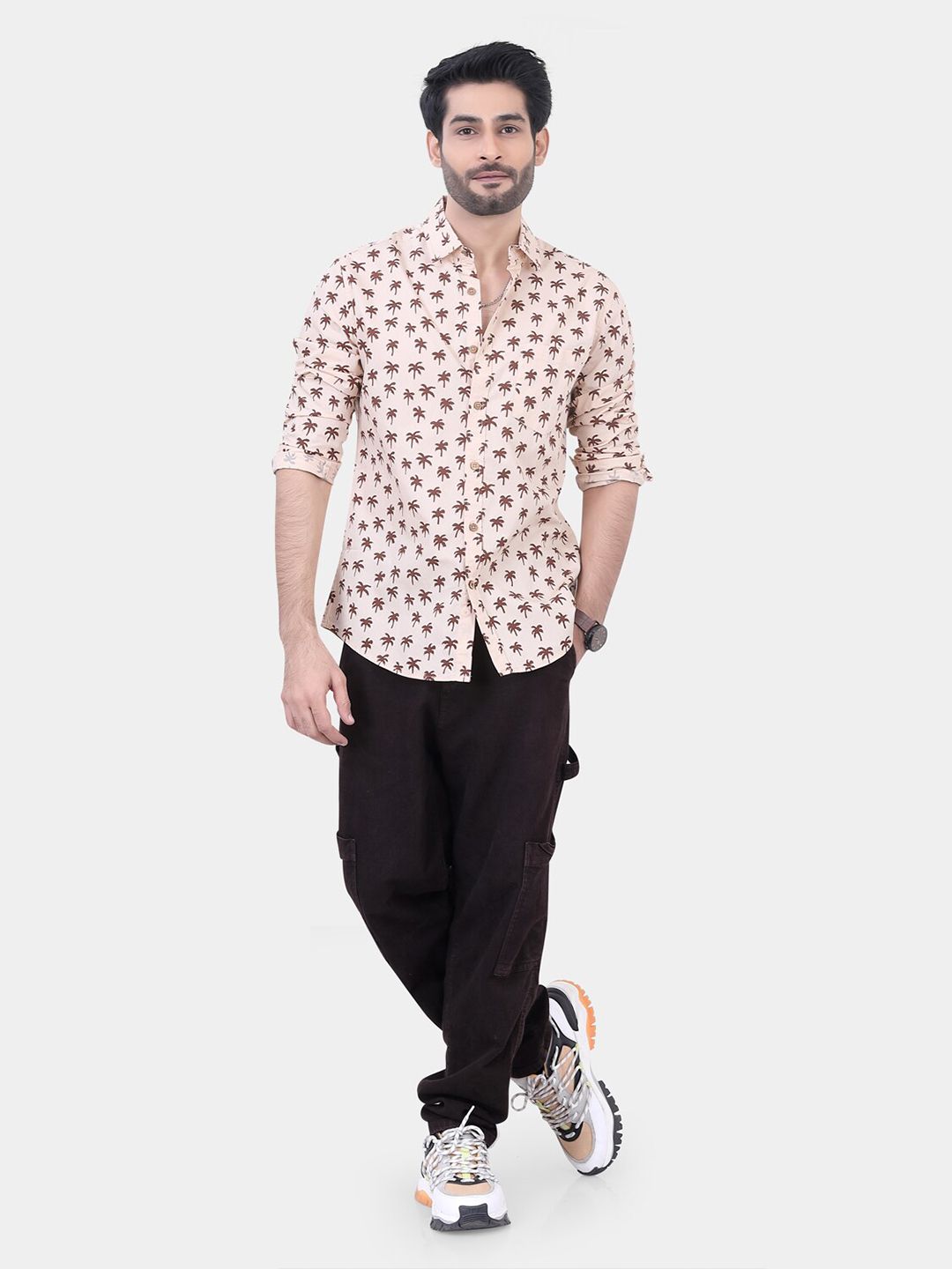 VASTRADO Classic Printed Spread Collar Long Sleeves Slim Fit Casual Shirt