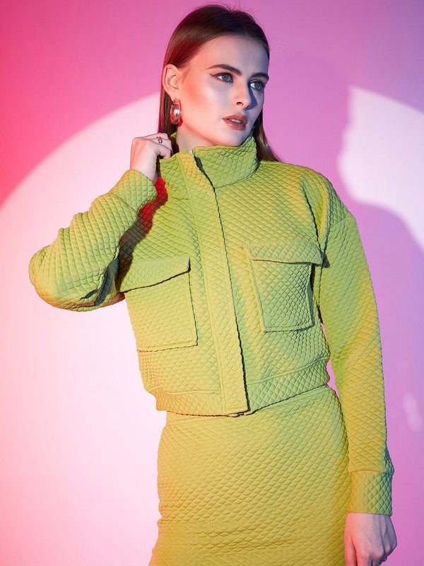 STREET 9 Green Self Design Crop Bomber Jacket