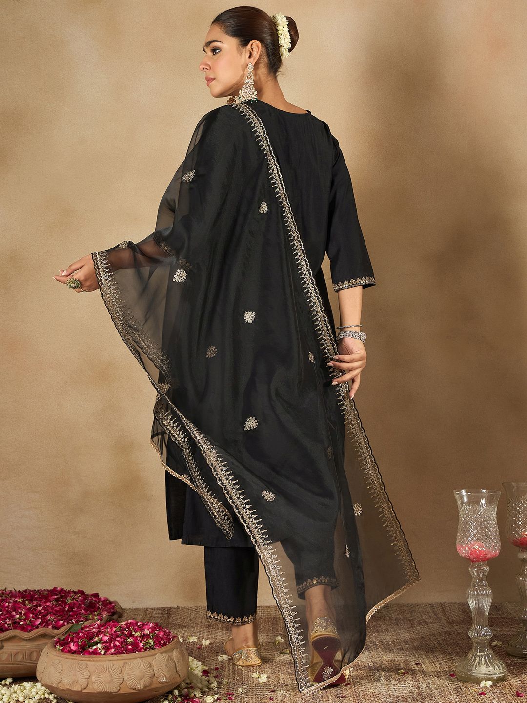Indo Era Women Ethnic Motifs Embroidered Regular Liva Kurta with Trousers & With Dupatta