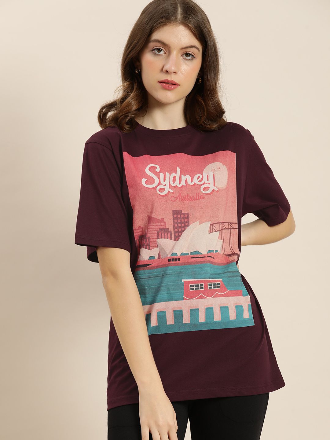 DILLINGER Women Maroon Varsity Printed Pure Cotton Oversized Pure Cotton T-shirt
