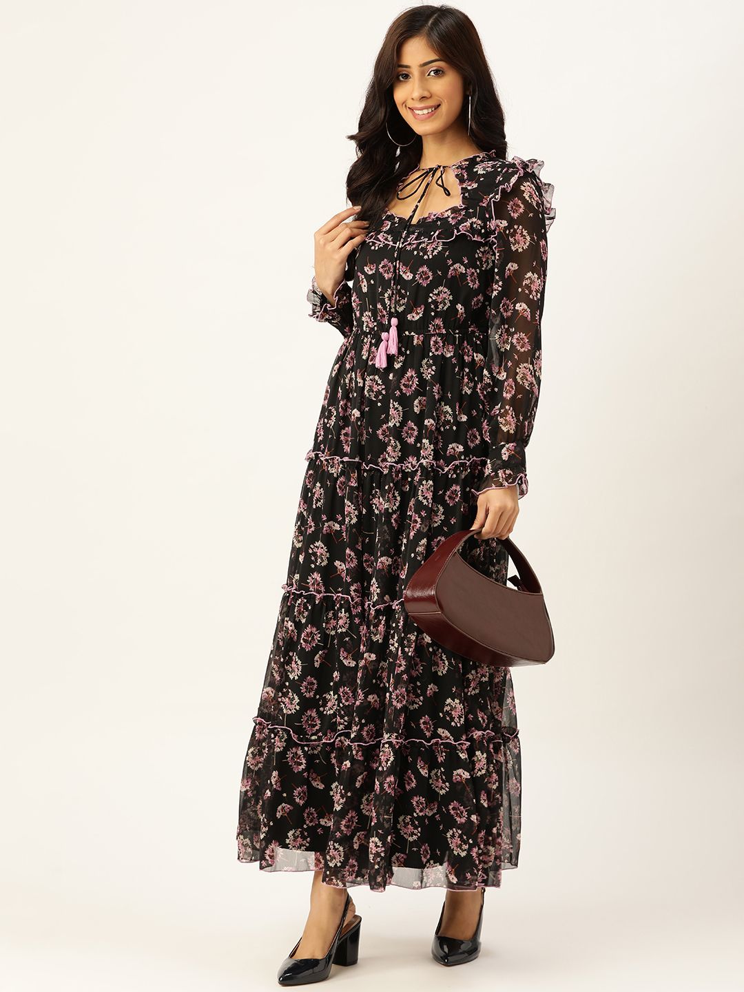 Antheaa Women Black & Lavender Floral Tie-Up Neck Maxi Dress