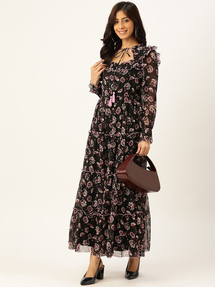 Antheaa Women Black & Lavender Floral Tie-Up Neck Maxi Dress