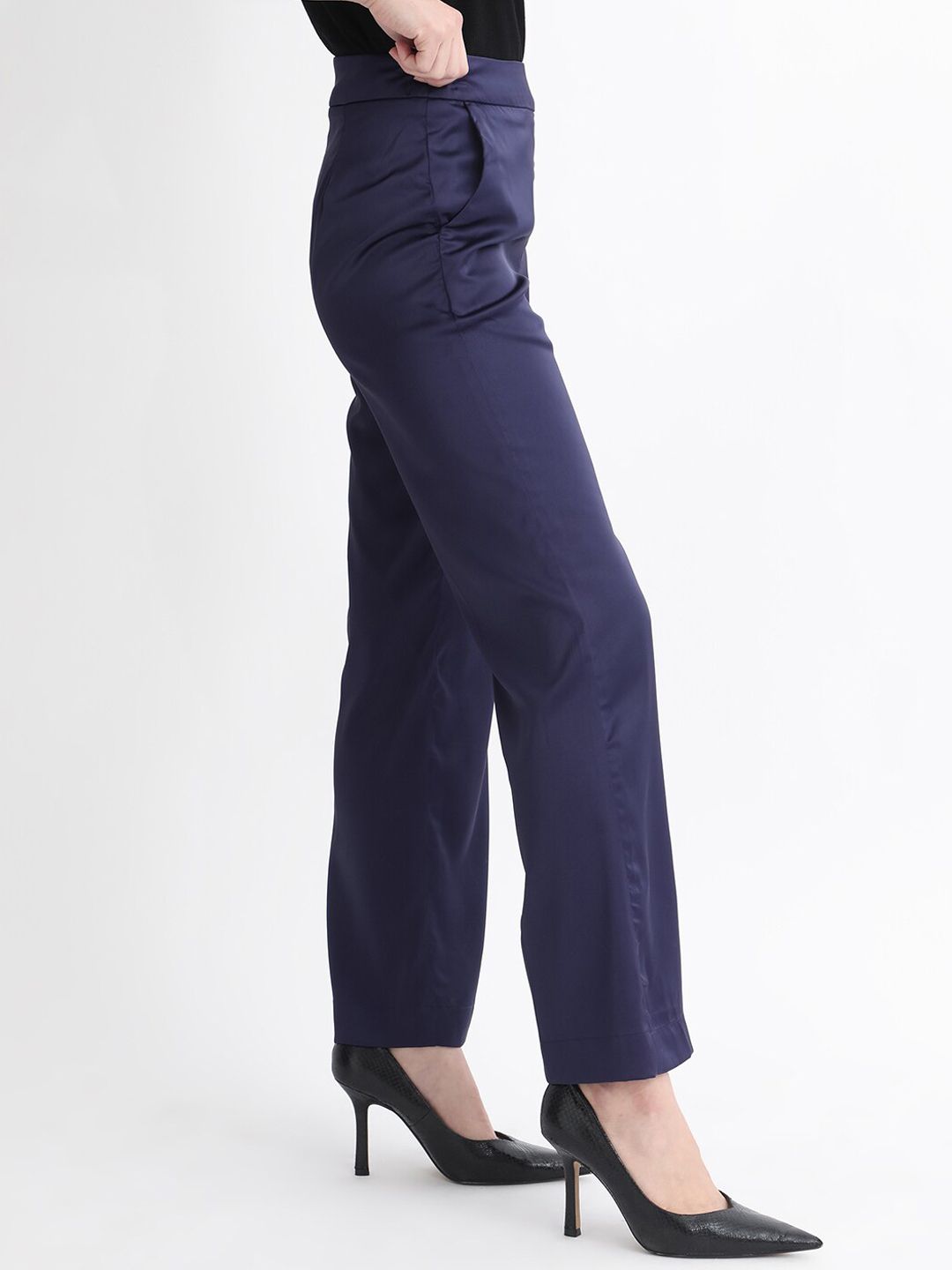 RAREISM Women Slim Fit High-Rise Plain Satin Parallel Trousers