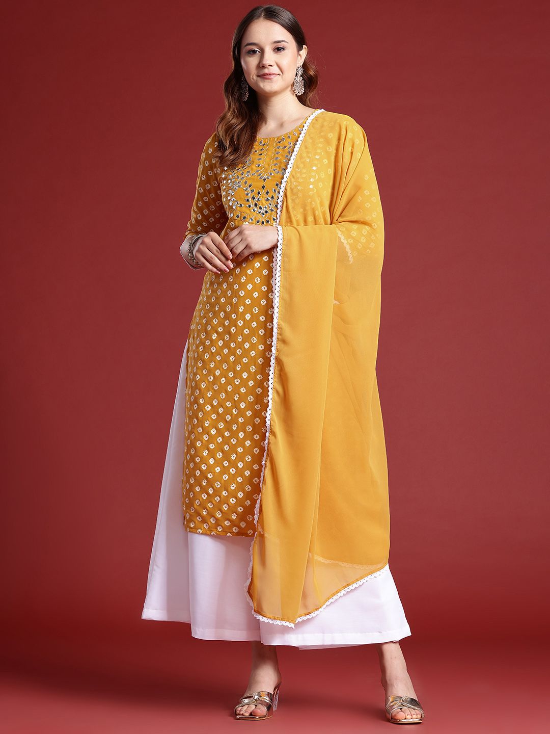 Anouk Bandhani Printed Mirror Work Embellished Kurta Set
