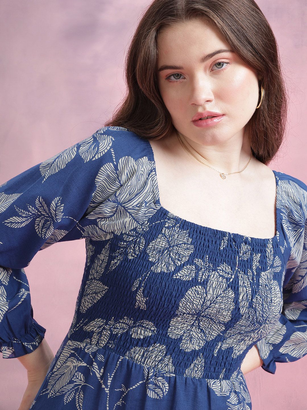 DressBerry Floral Print Gathered Detail Smocked Effect Cotton-Linen Midi A-Line Dress