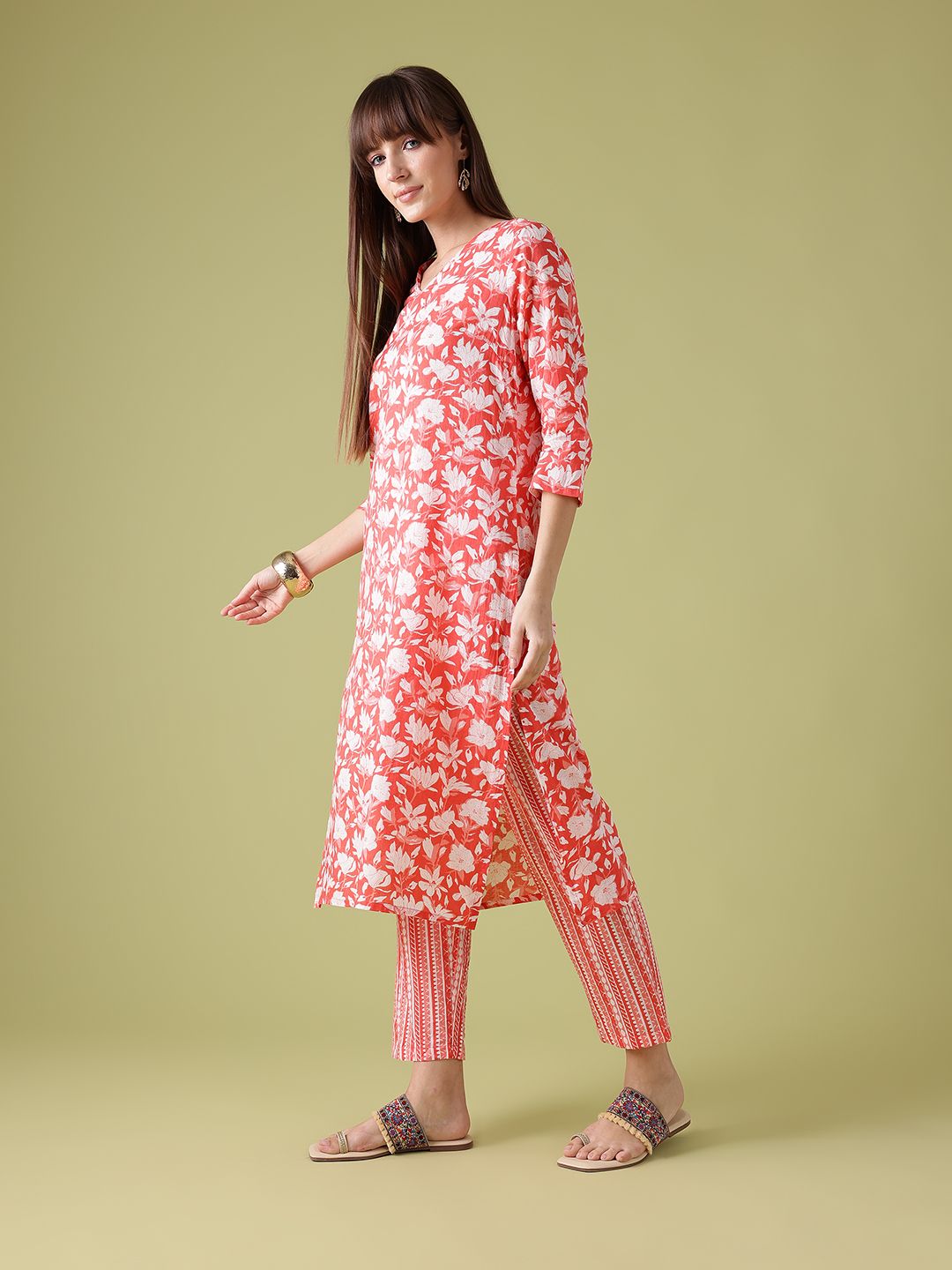Anouk Floral Print Pure Cotton Kurta with Trousers & Dupatta