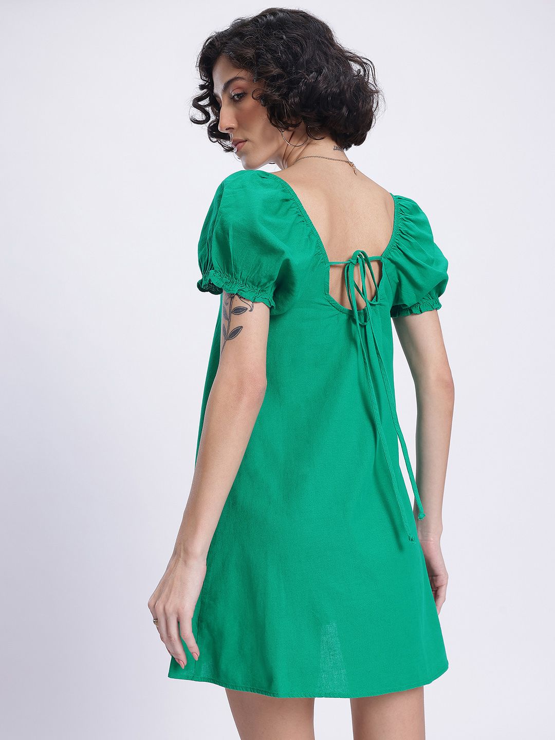 DressBerry Casual Essentials Puff Sleeve Tie-Up Back A-Line Mini Dress