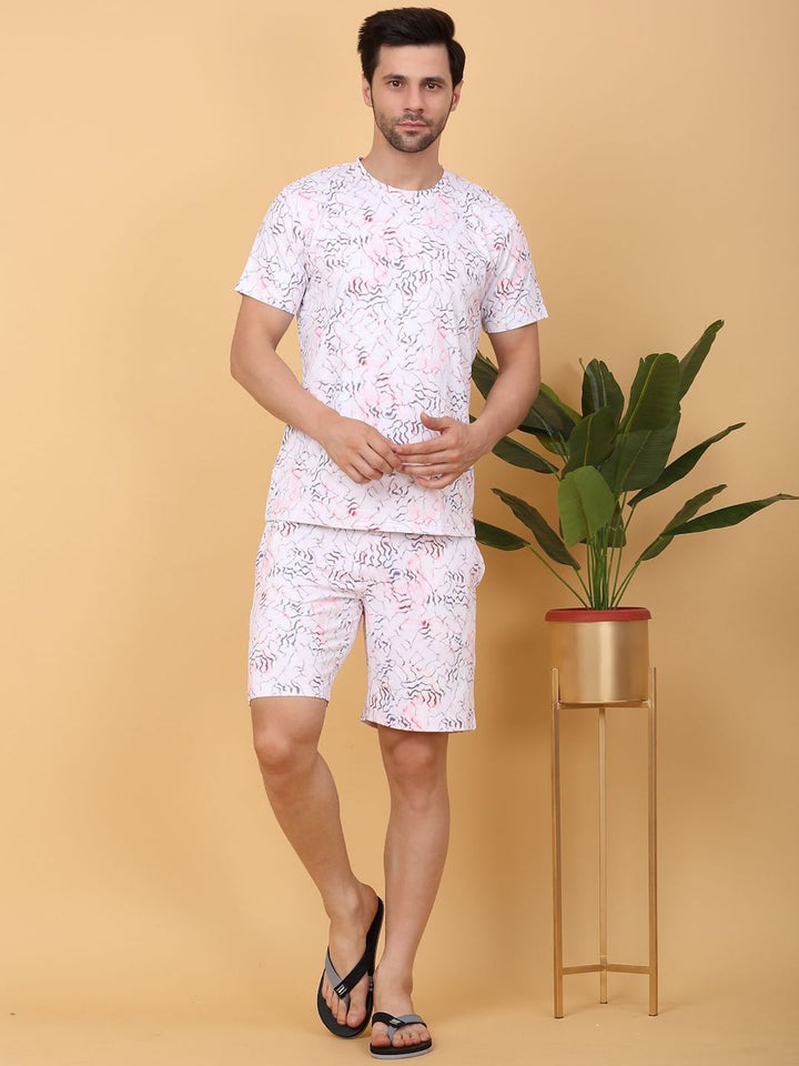 Sweet Dreams Men White & Pink Graphic Printed Round Neck T Shirt & Shorts