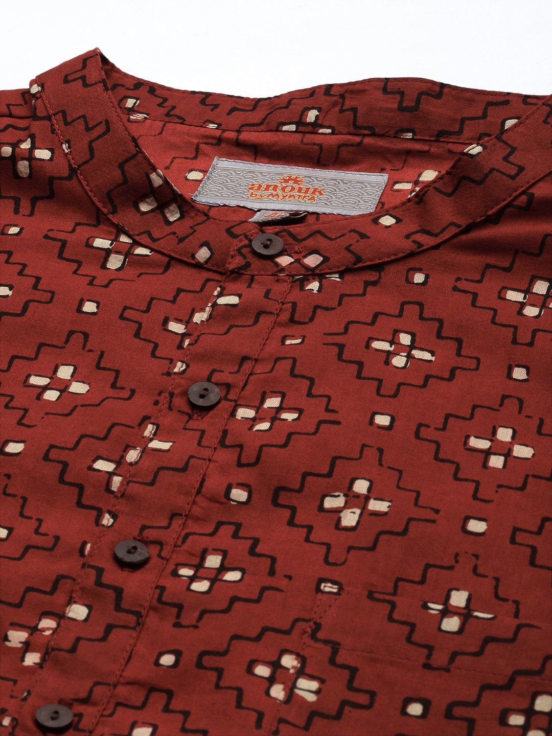 Anouk Men Red & Cream-Coloured Ethnic Motifs Printed Pure Cotton Short Kurta