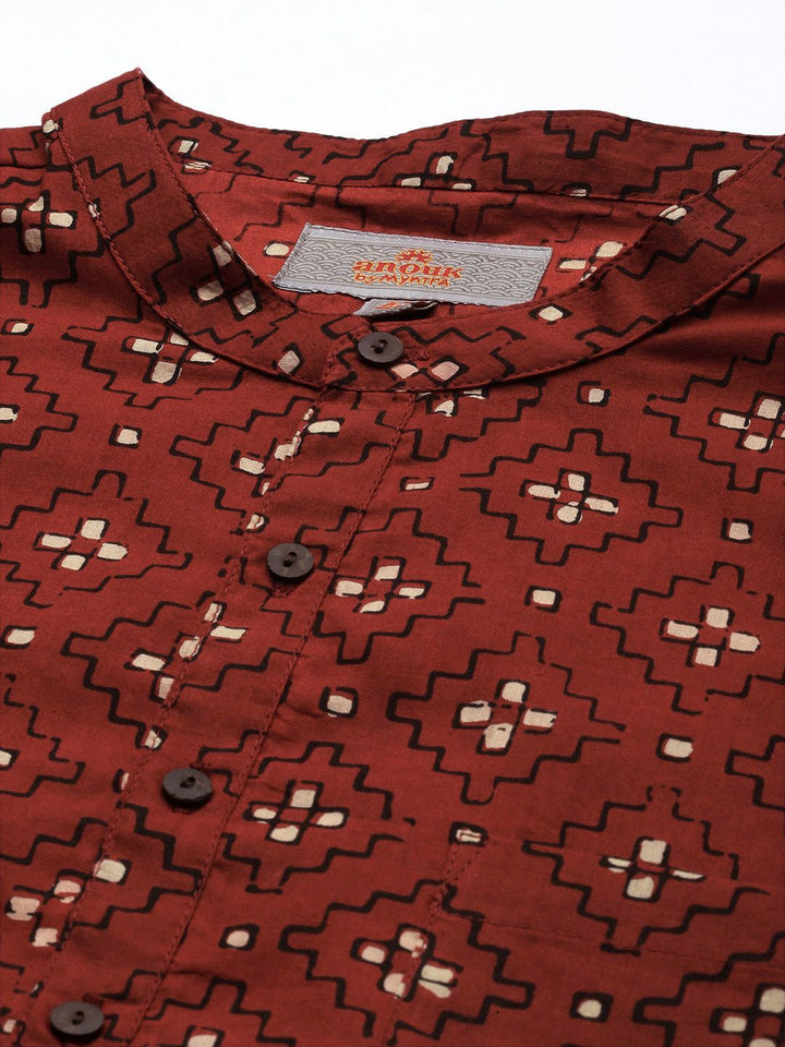 Anouk Men Red & Cream-Coloured Ethnic Motifs Printed Pure Cotton Short Kurta