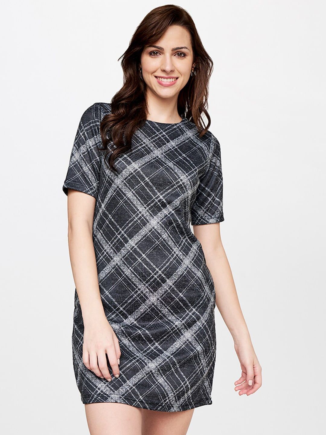 AND Women Charcoal Checked Sheath Dress
