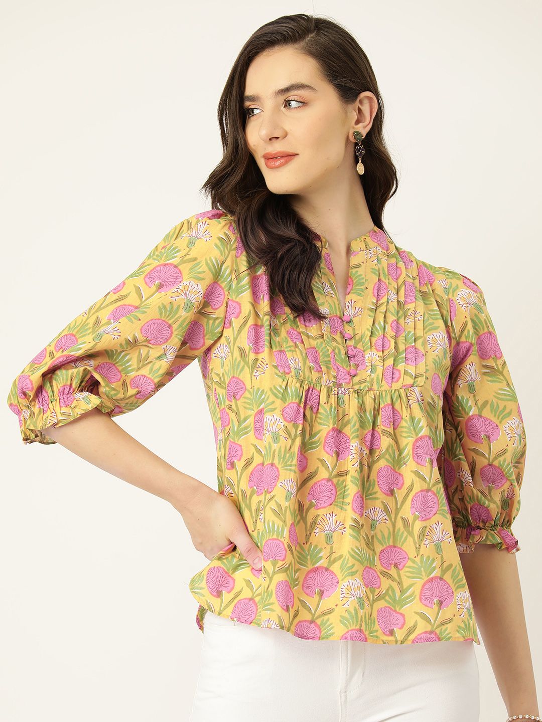 Antheaa Floral Print Mandarin Collar Puff Sleeve Cotton Top