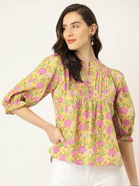 Antheaa Floral Print Mandarin Collar Puff Sleeve Cotton Top