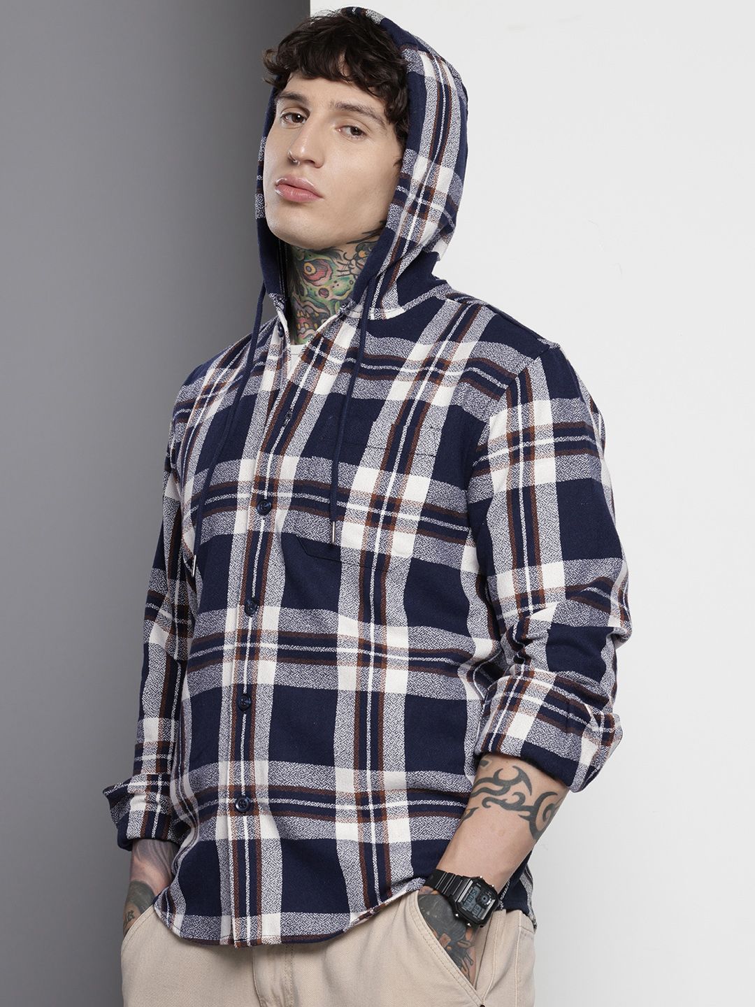 The Indian Garage Co Men Regular Fit Checked Casual Hooded Overshirt