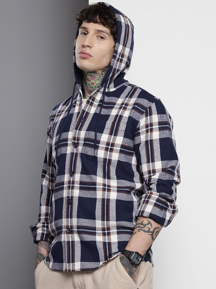 The Indian Garage Co Men Regular Fit Checked Casual Hooded Overshirt