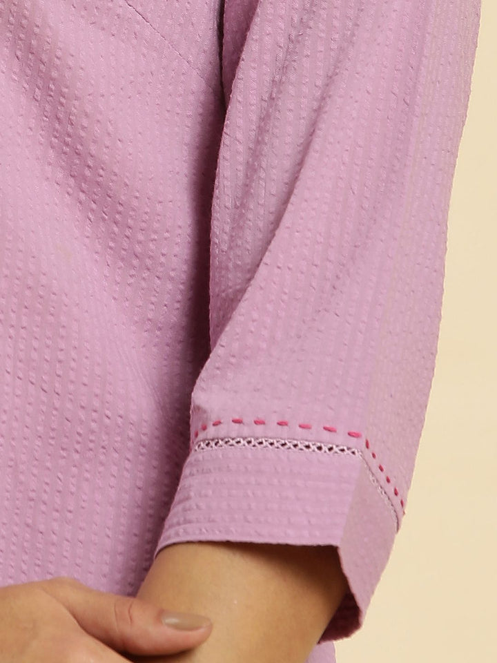 W Purple Thread Work Cotton Straight Kurta