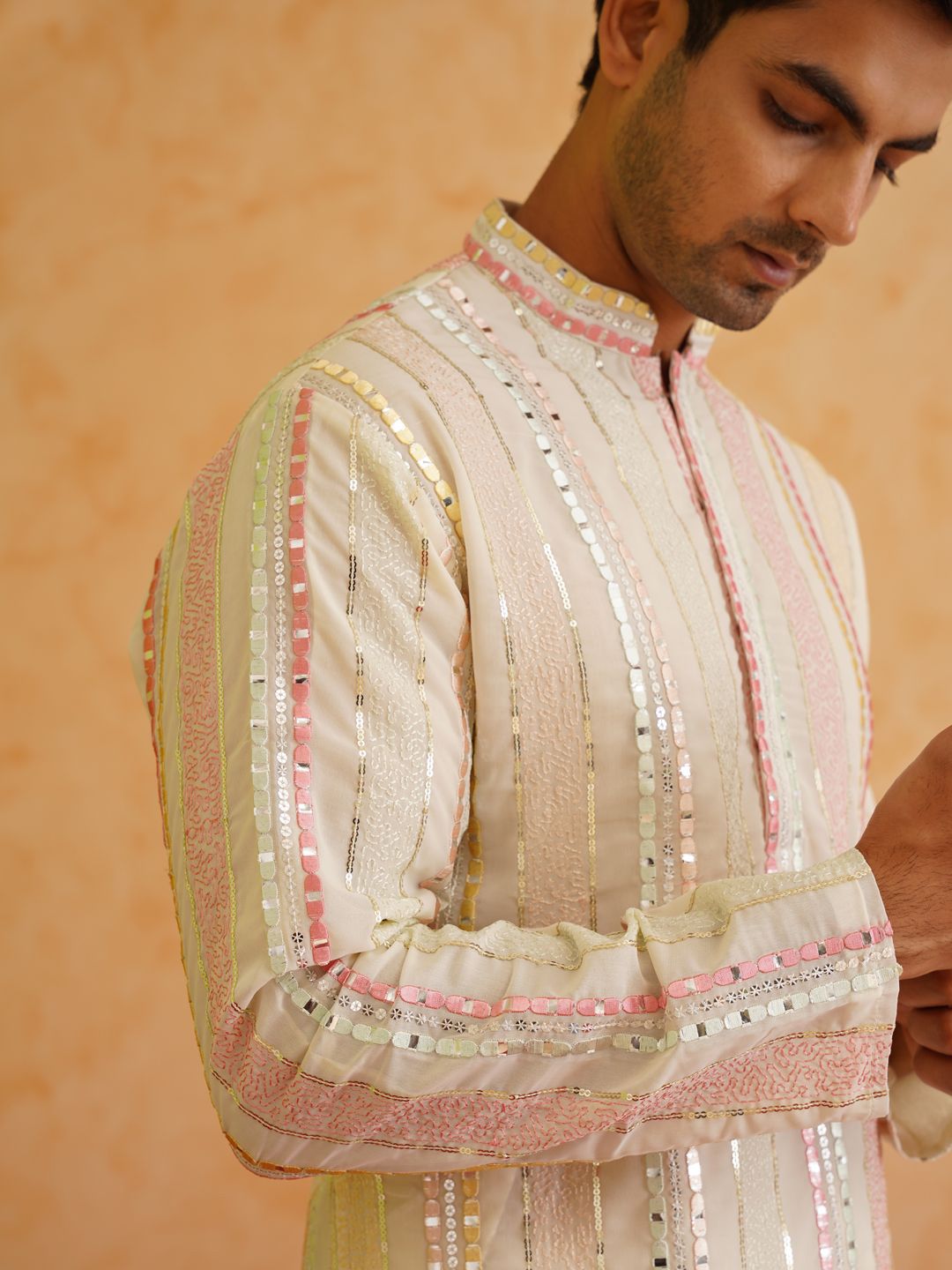 SOJANYA LUXE Striped Embroidered Mandarin Collar Mirror Work Kurta with Pyjamas