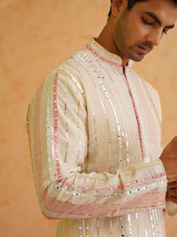 SOJANYA LUXE Striped Embroidered Mandarin Collar Mirror Work Kurta with Pyjamas