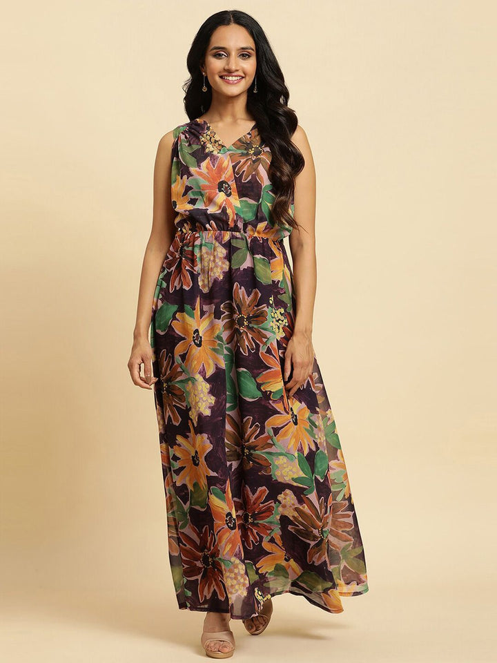 W Floral Print V-Neck Sleeveless Maxi Dress