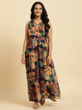 W Floral Print V-Neck Sleeveless Maxi Dress