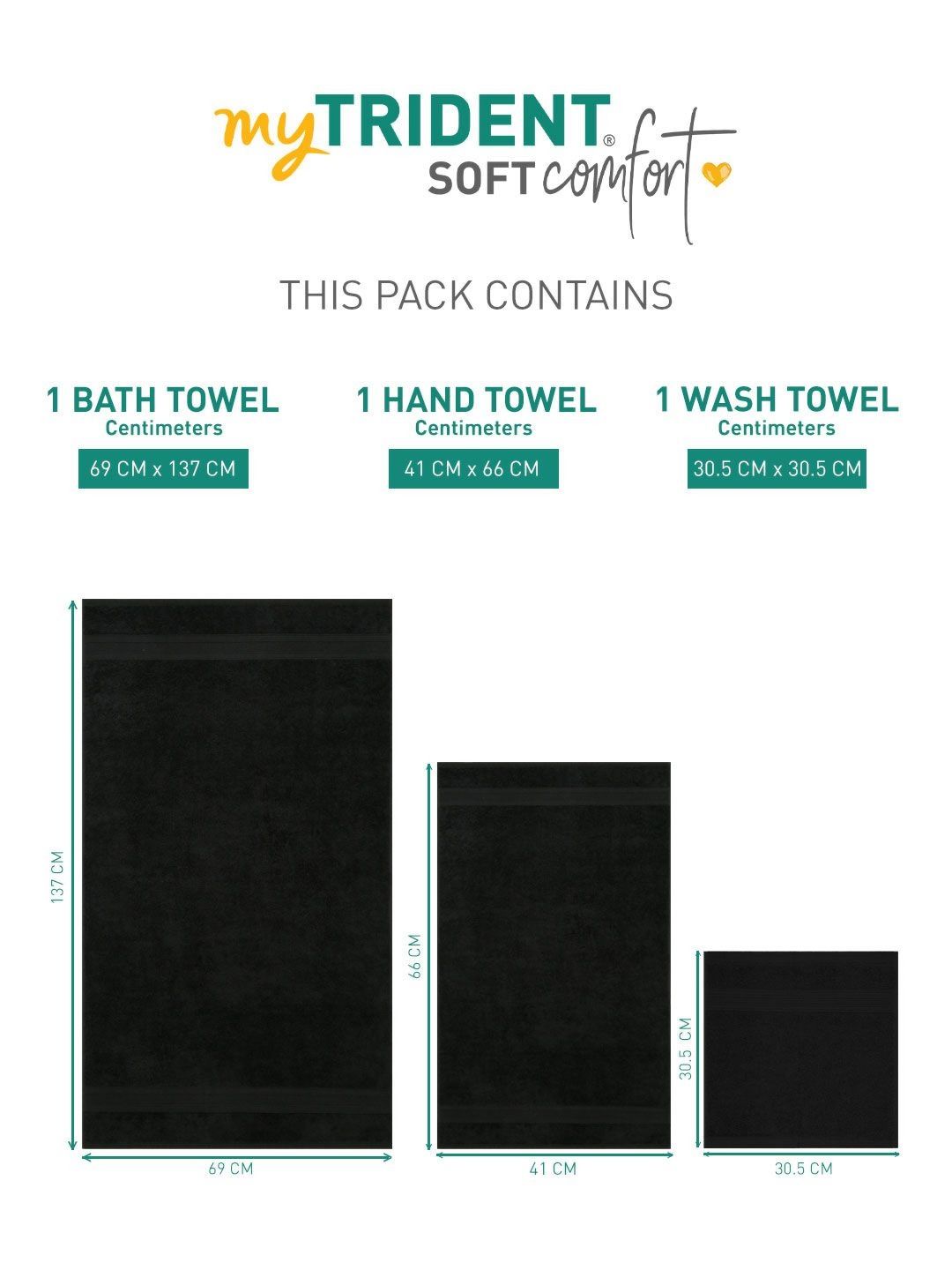MYTRIDENT Black 3 Pieces Pure Cotton 500 GSM Towel Set