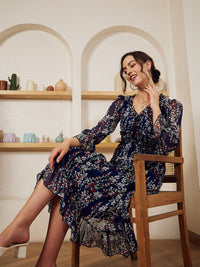 Berrylush Navy Blue Floral Printed Ruffled Chiffon A-Line Dress