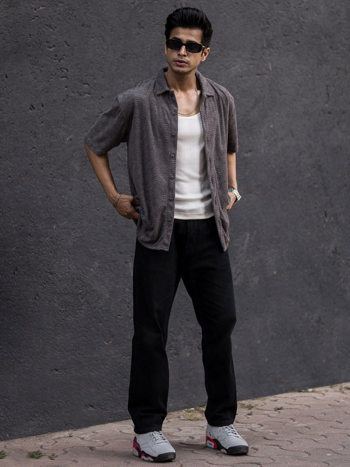Powerlook Grey India Slim Oversized Fit Jacquard Self Design Casual Shirt