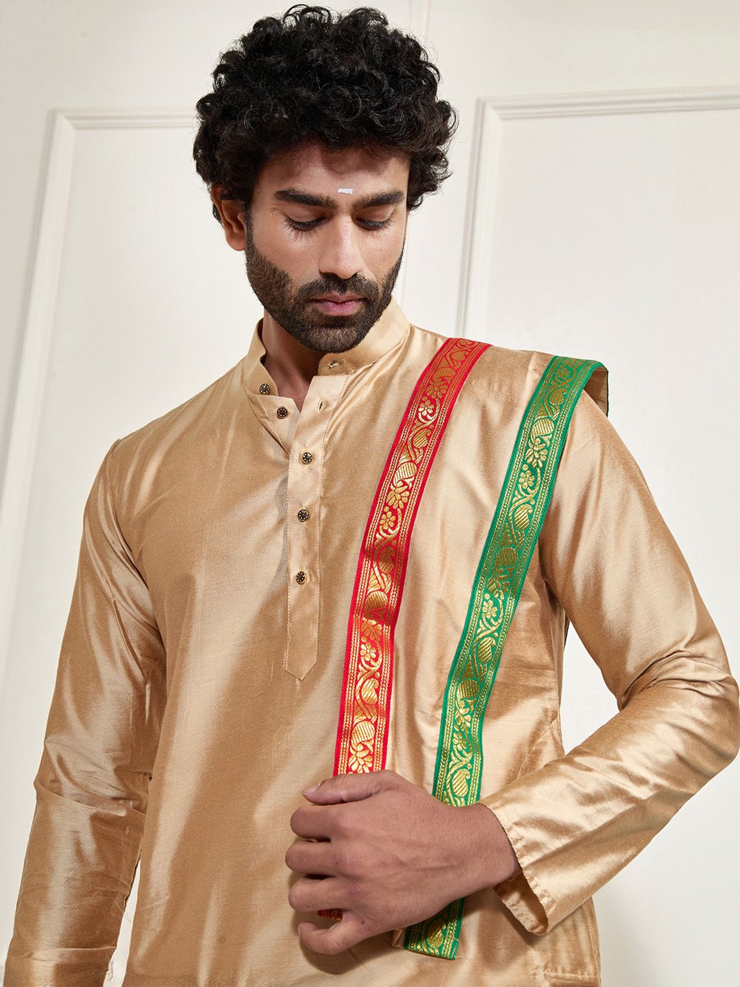 VASTRAMAY Men Beige Kurta with Dhoti Pants & With Dupatta
