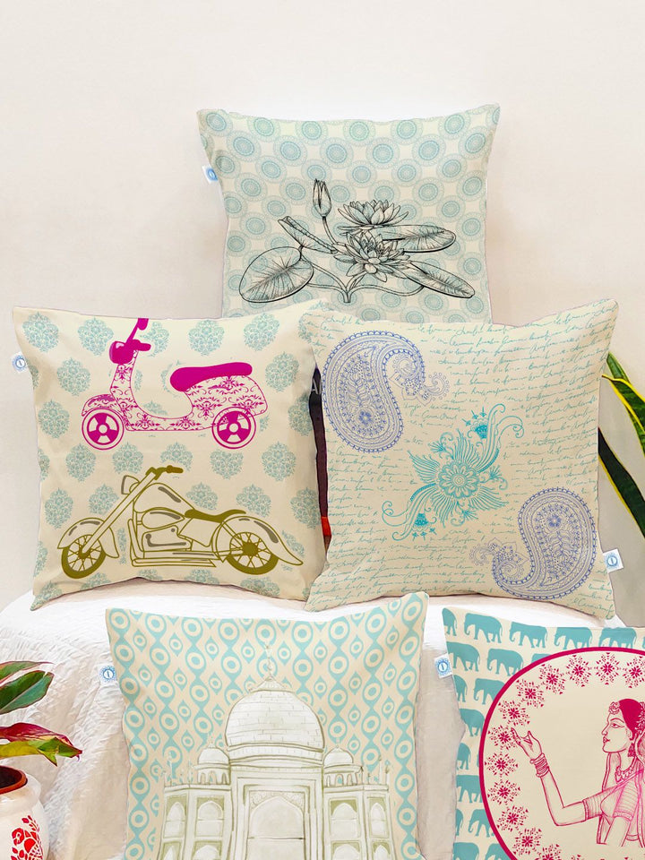 STITCHNEST Set of 5 Teal & Fuchsia Ethnic Motifs Square Cushion Covers