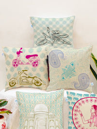 STITCHNEST Set of 5 Teal & Fuchsia Ethnic Motifs Square Cushion Covers