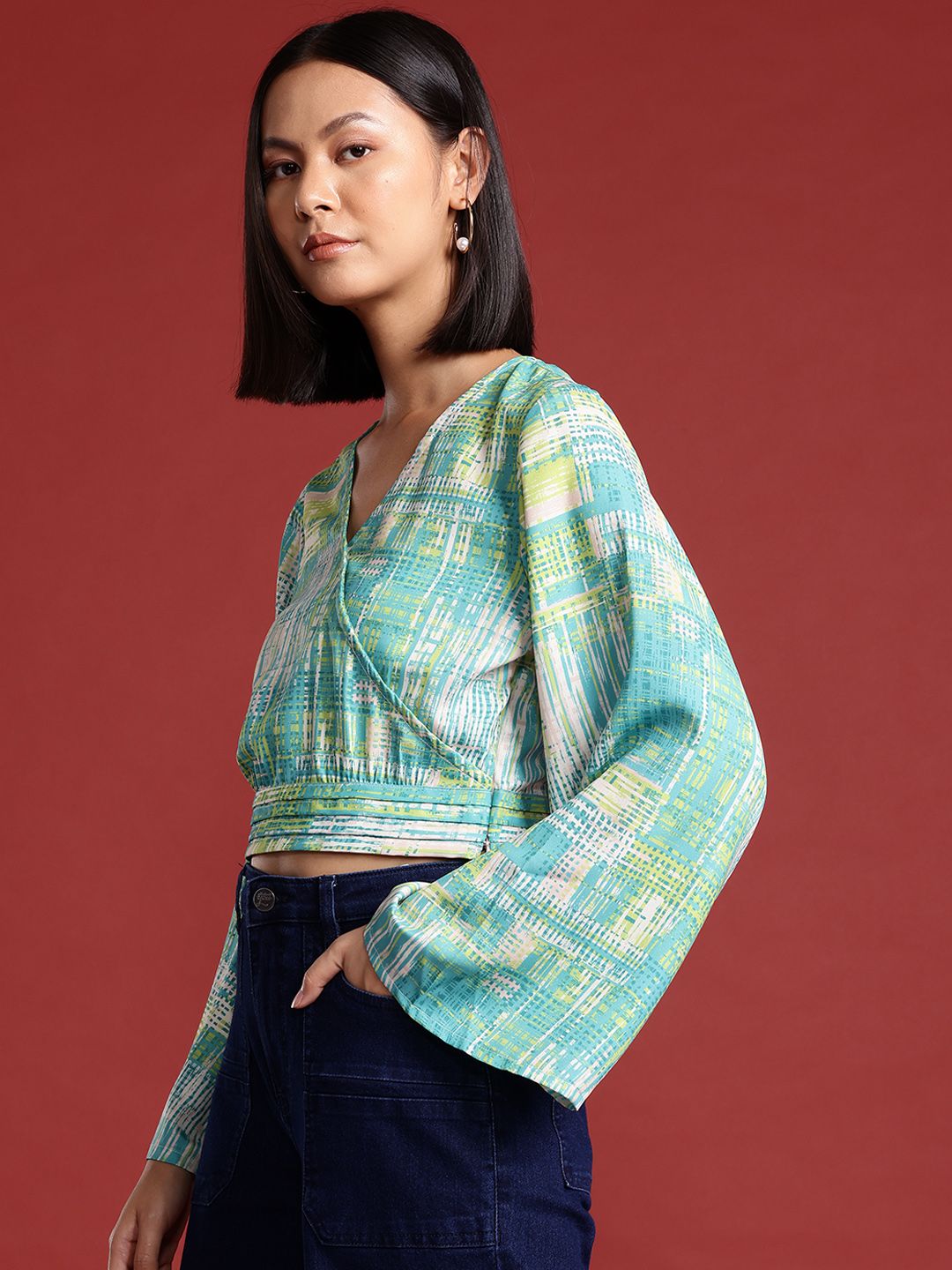 all about you Geometric Print Flared Sleeve Wrap Crop Top