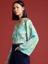all about you Geometric Print Flared Sleeve Wrap Crop Top