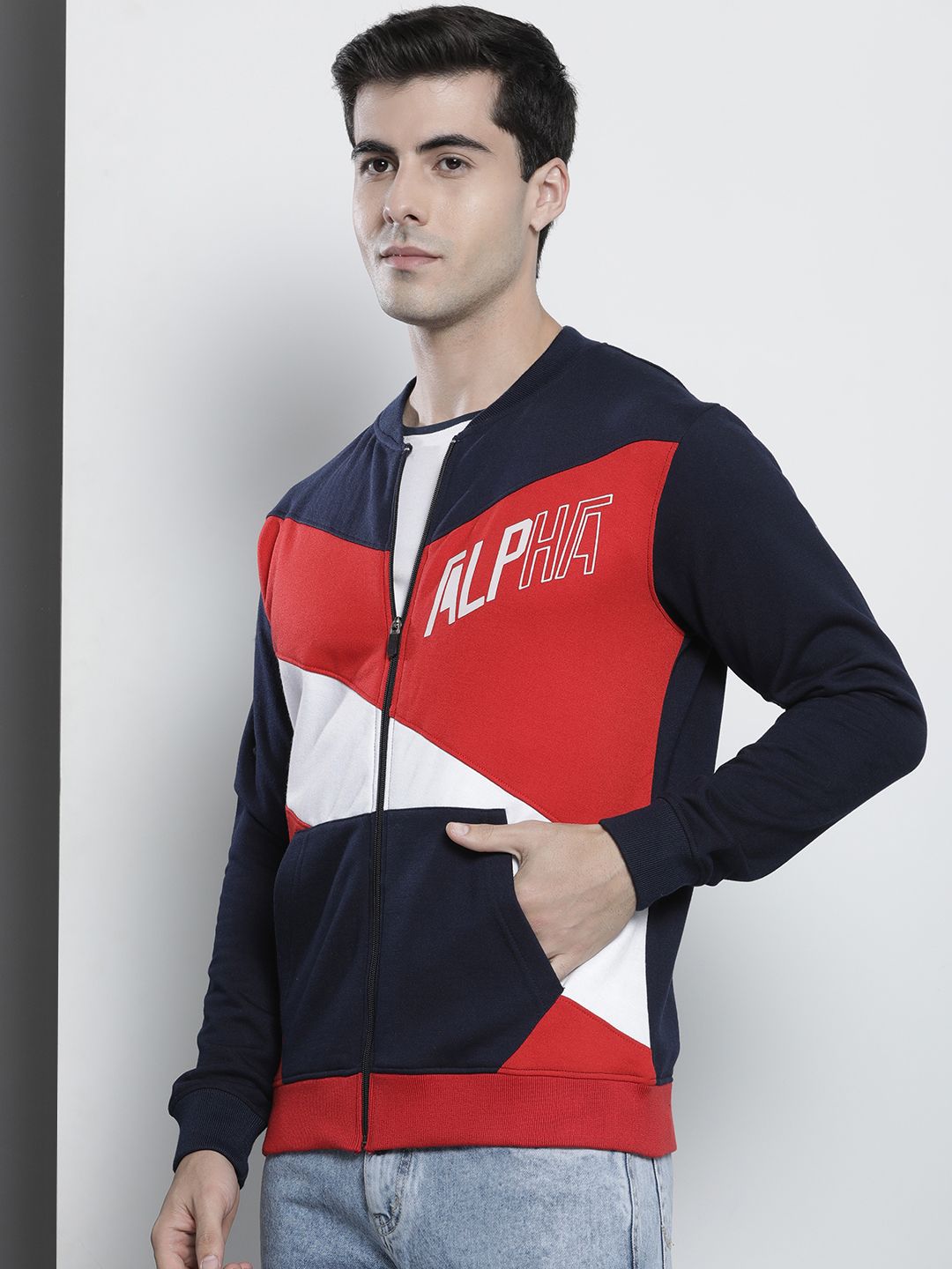 The Indian Garage Co Men Navy Blue & Red Colourblocked Sweatshirt