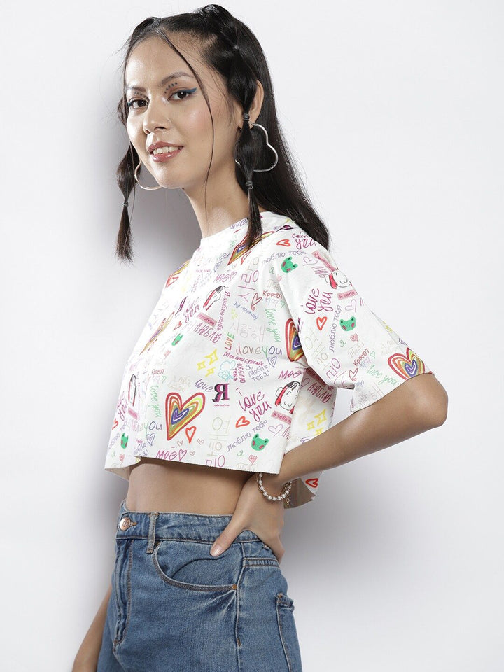 SASSAFRAS Women White & Red Typography Printed Drop-Shoulder Sleeves Boxy Crop T-shirt