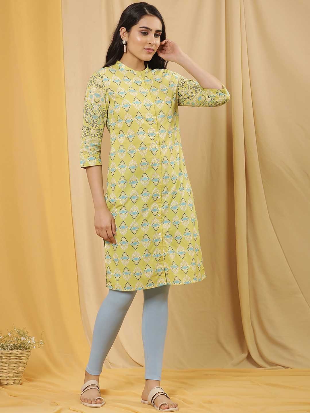W Floral Printed Mandarin Collar Regular Pure Cotton Kurta