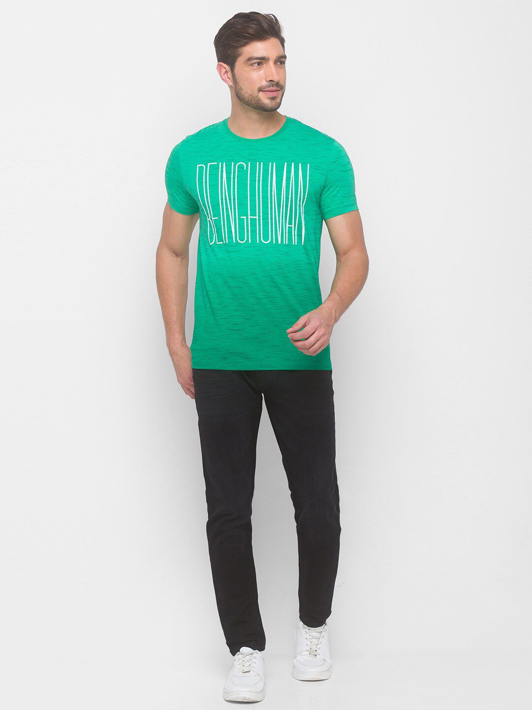 Being Human Men Green Typography Printed Slim Fit Cotton T-shirt