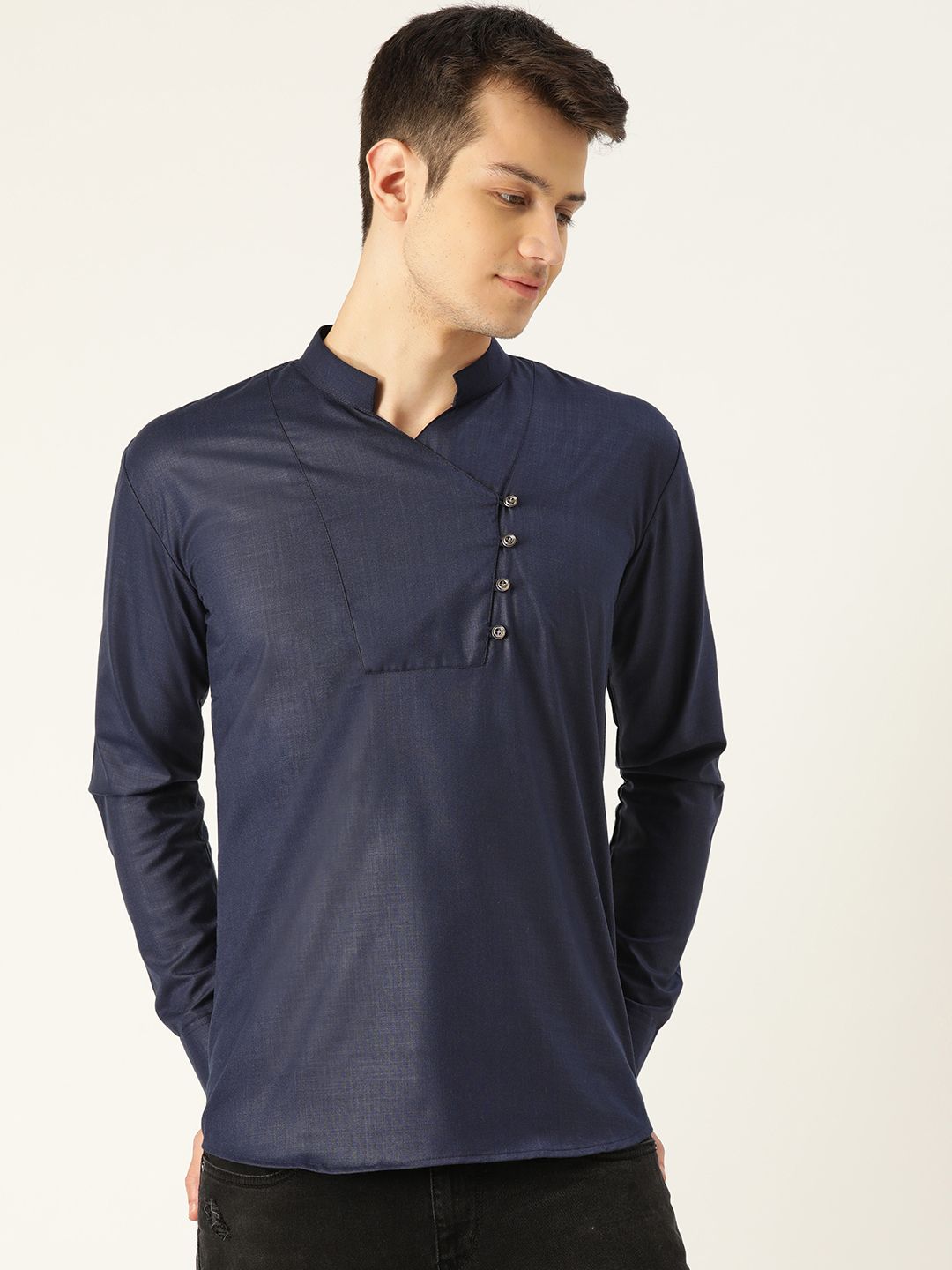 SOJANYA Lelaki Navy Blue Solid Straight Short Kurta
