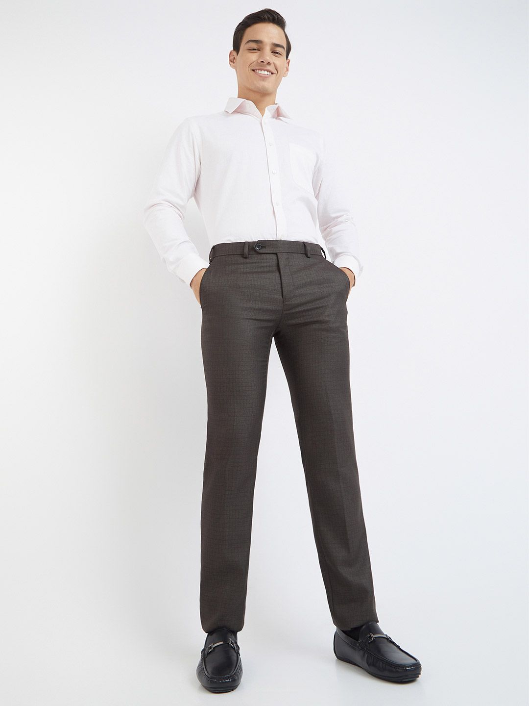 Raymond Men Checked Slim Fit Mid-Rise Formal Trousers