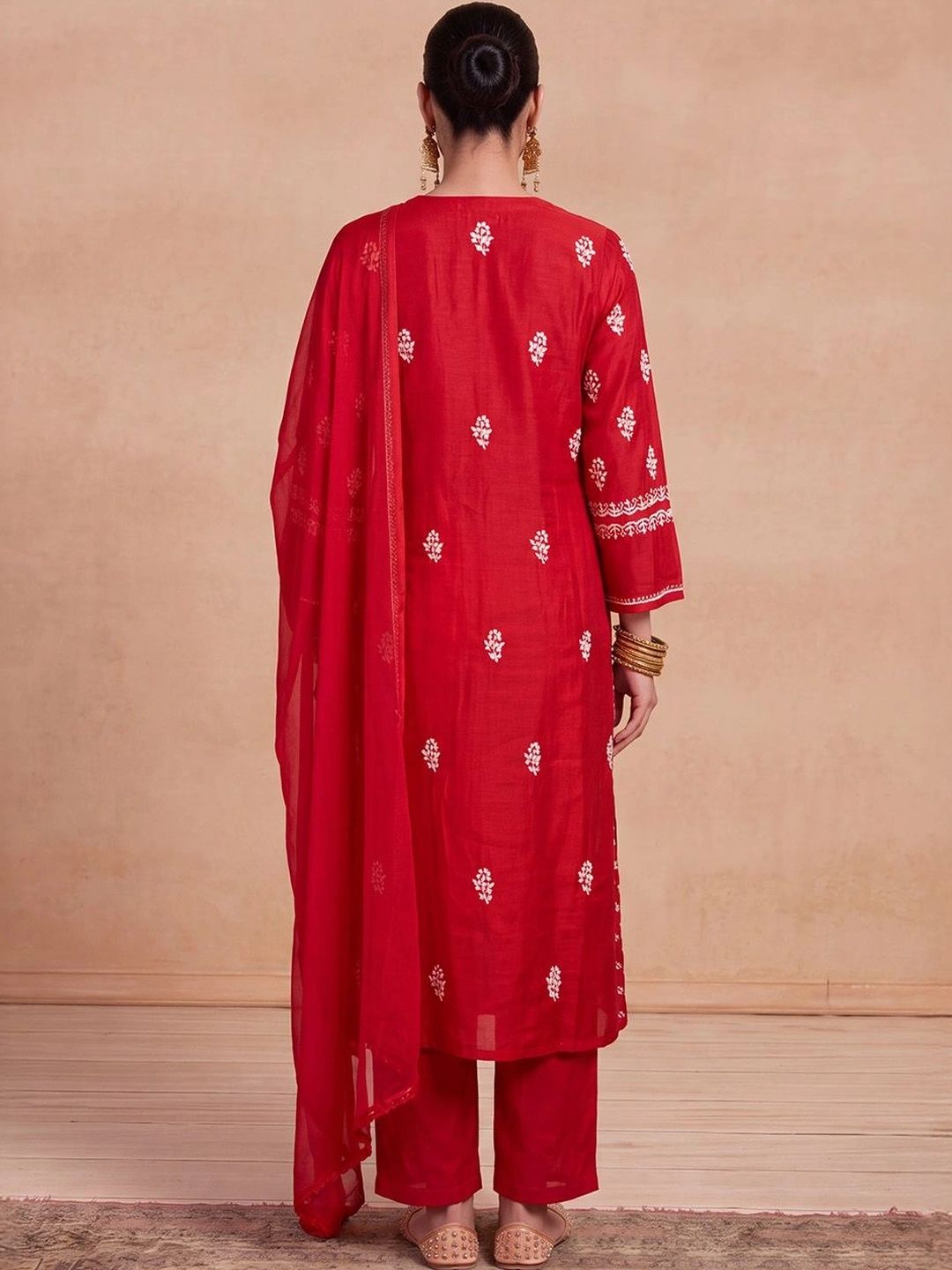 House of Chikankari Women Ethnic Motifs Embroidered Regular Chikankari Chanderi Silk Kurta with Trousers &