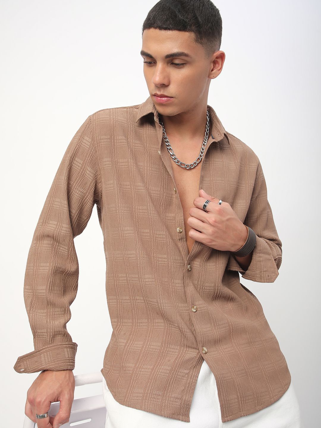 VASTRADO Men Classic Spread Collar Textured Slim Fit Casual Shirt