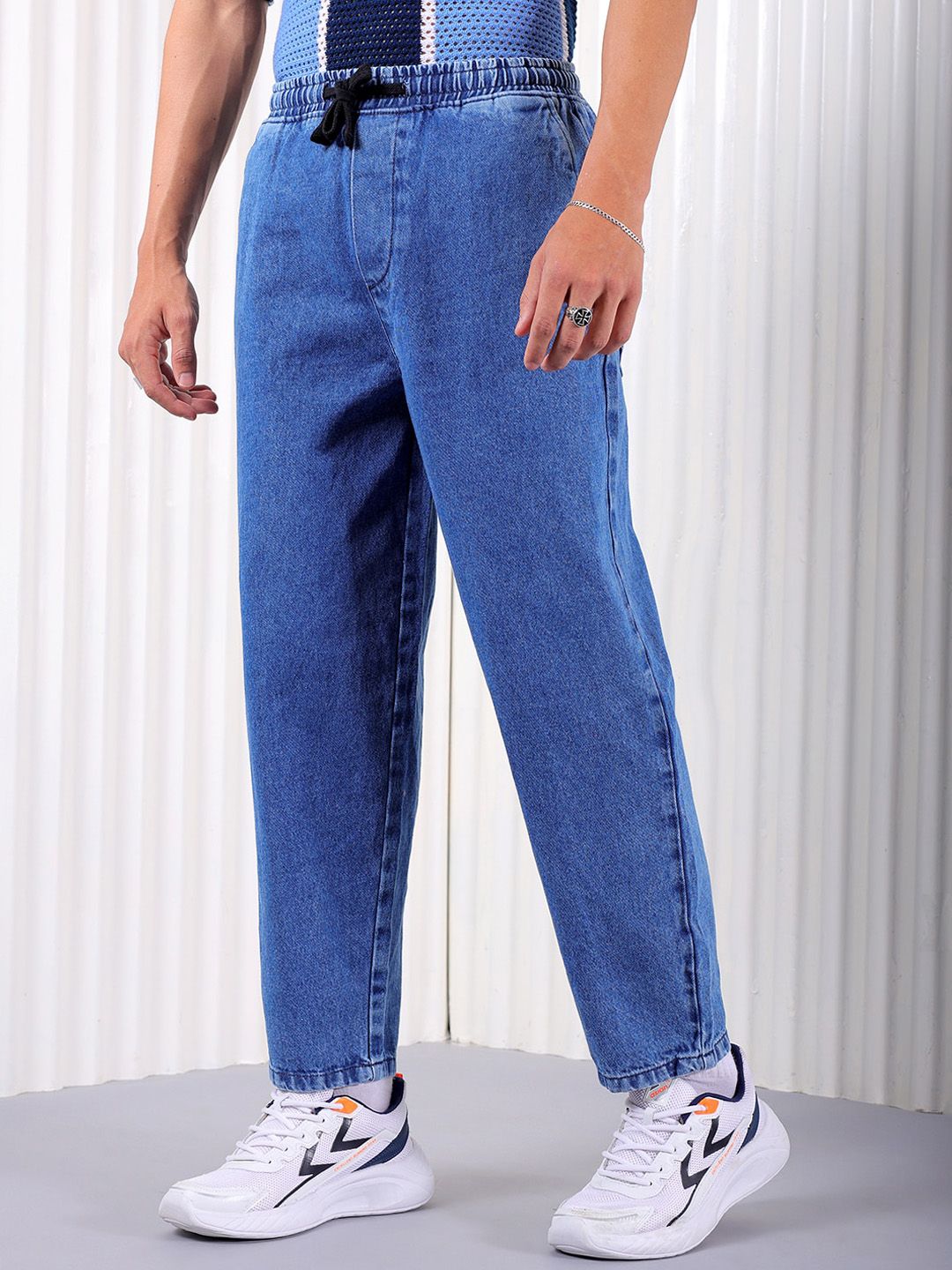 The Indian Garage Co Men Baggy Fit Cotton Elasticated Waist Jeans