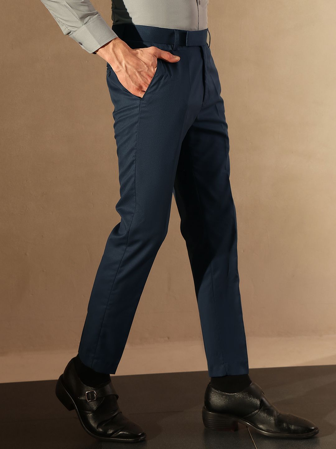 DENNISON Men Navy Blue Tapered Fit Trousers