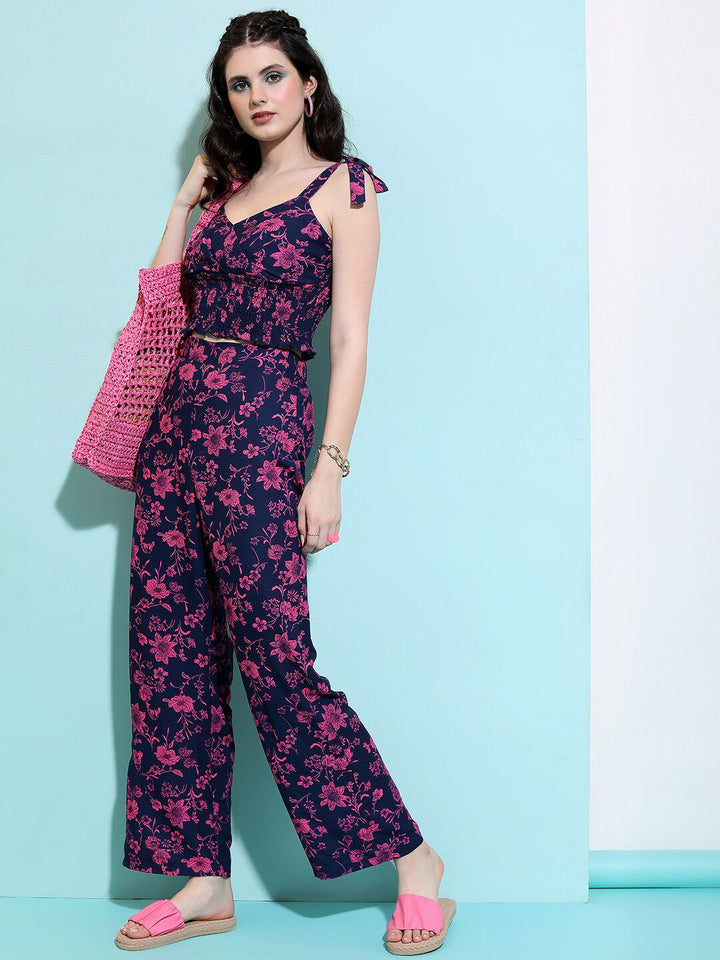Navy-Blue and Pink Floral Printed Co-Ords