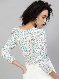STREET 9 White Printed Sweetheart Neck Puff Sleeves Crepe Top