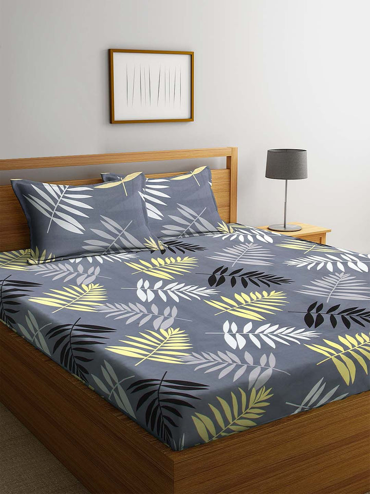 KLOTTHE Grey Leaf Polycotton 300 TC King Fine 2 Bedsheet with 4 Pillow Covers-98 x 85 inches