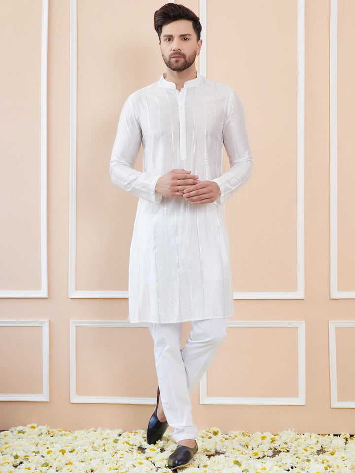 See Designs Striped Mandarin Collar Sequins Straight Kurta