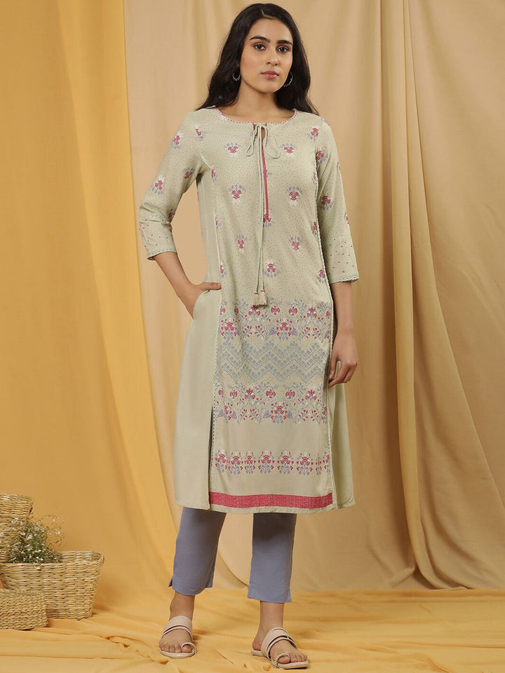 W Floral Printed Tie-Up Neck A-Line Kurta with Trouser