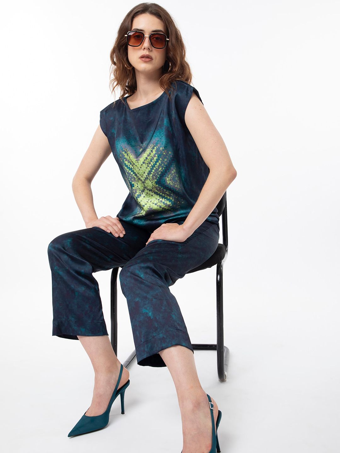 RAREISM Women Abstract Printed Slim Fit Satin Trousers
